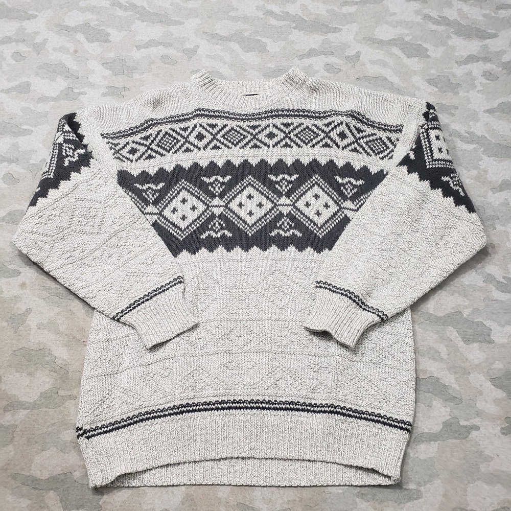 Vintage Peconic Bay Traders Sweater Mens Large Gray Fair Isle Pullover Crew Neck
